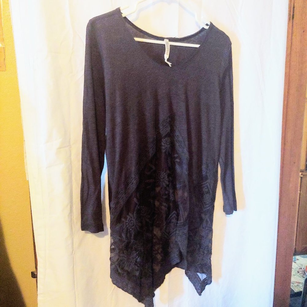 Monoreno Dark Brown Long Sleeved Lightweight Shirt with Elegant Lacy Bottom